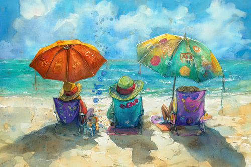 Painting of a summer beach, with people on beach chairs under colourful parasols