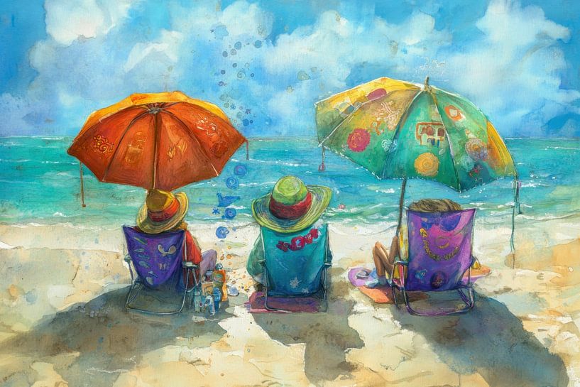 Gemälde eines Sommerstrandes mit Menschen auf Liegestühlen unter bunten Sonnenschirmen von Peter Pen Zeichnungen und Gemälde