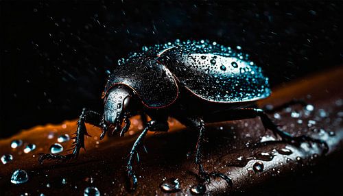 Käfer im Regen mit Regentropfen