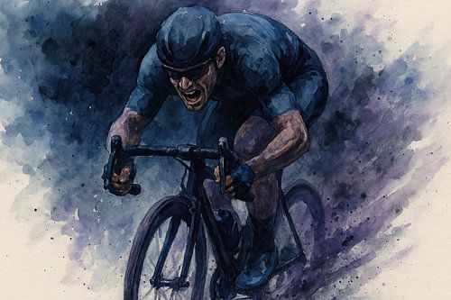 Volle sprint (solo wielrenner donker krachtig emotie mancave doorzettingsvermogen sportief aquarel schilderij )