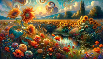 Ein Feld mit Wildblumen am Wasser von Peter Heeling