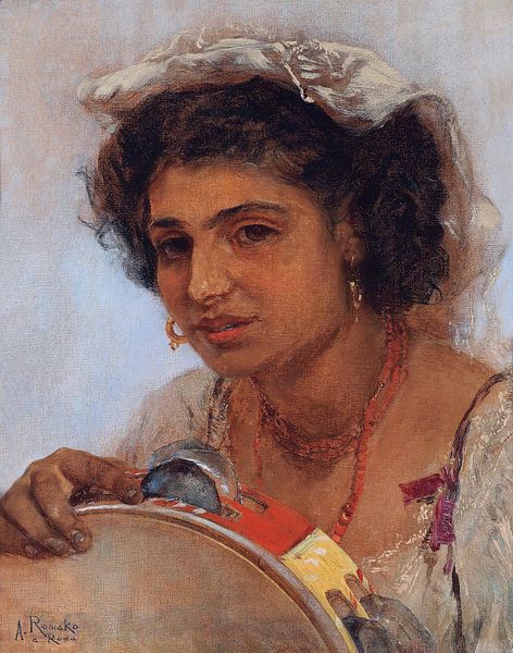 Anton Romako, Italiaans meisje met hoofddoek en tamboerijn van Atelier Liesjes