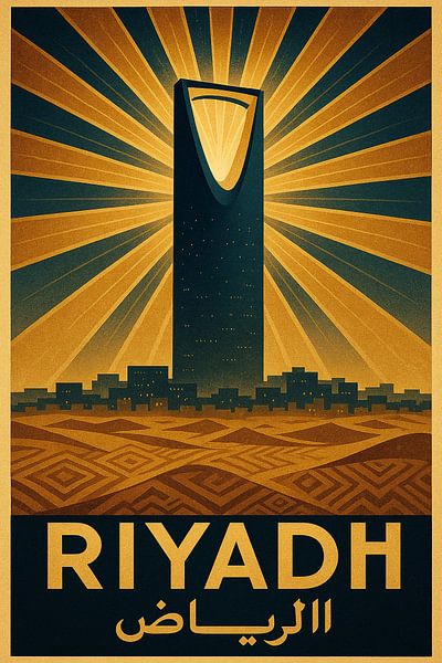 Affiche vintage de Riyad - Kingdom Centre Tower &amp;amp ; Desert City Art par Travel Shop