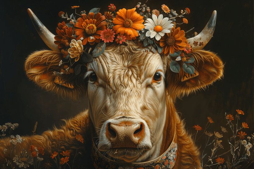 Elegance of the Black Forest: Cow with floral decorations - A charming photograph for the rustic home by Poster Art Shop