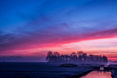 Blauw rode zonsopgang in de polder
