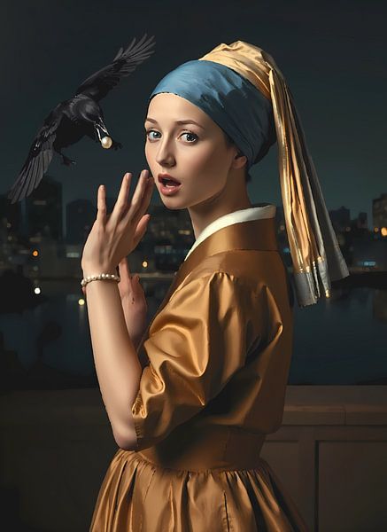 Girl with a pearl is robbed by a raven by Emiel de Lange