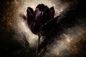Peinture à l'huile « Moody Black Tulip » — Décoration murale florale gothique sophistiquée sur coretan tangan