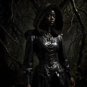 junge Frau in Leder in einem dunklen Dschungel, Steampunk