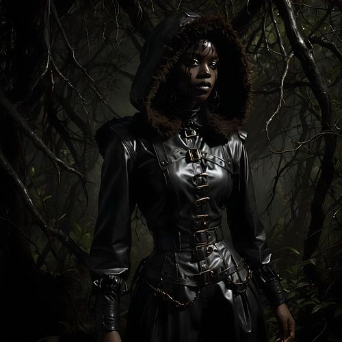 young woman in a dark jungle, steampunk