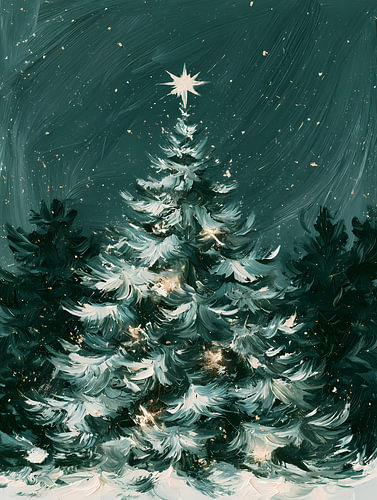 Snow-Covered Christmas Trees at Night