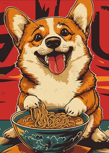 Vrolijke corgi met kom ramen