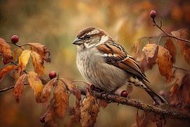 Moineau dans les feuilles d'automne - Peinture d'oiseau chaleureuse sur Jorali Beaux-Arts