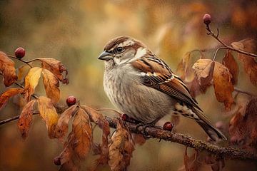 Mus in Herfstbladeren - Warme Vogel Schilderkunst van Joriali fotografie en schilderijen