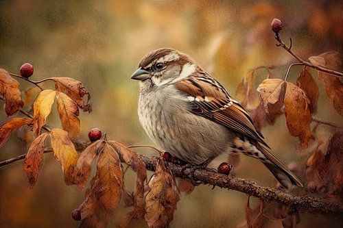 Mus in Herfstbladeren - Warme Vogel Schilderkunst