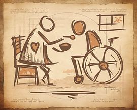 Soignante &amp ; personne en fauteuil roulant. Art de croquis vintage. Soins aux personnes âgées / soins infirmiers. sur SergeivoArt