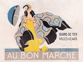 Vintage reclameposter: Stijlvolle Dame met Blauwe Parasol bij Zee