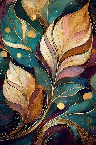 Behang met structuur en bladeren in groen en goud