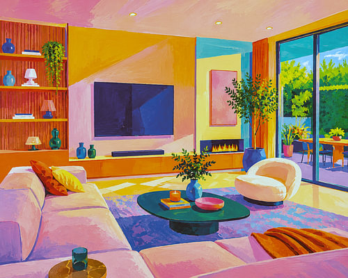 A colourful painting of a contemporary interior.