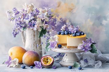 Zoete Verleiding: Cheesecake en Bloemen Stilleven van Joriali fotografie en schilderijen