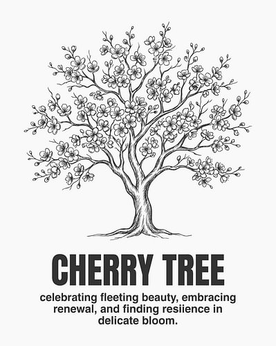 Minimalistische poster met lijntekening van een kersenboom – witte uitvoering