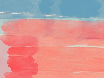 Bunte abstrakte Aquarelllandschaft in Blau und Koralle von Abstrakte minimalistische Kunst