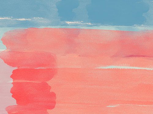 Kleurrijk abstract aquarel landschap in blauw en koraal