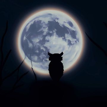 Silhouet van een uil die naar de volle maan kijkt van Maud De Vries
