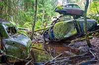 Gestapelde autowrakken in het bos bij Bastnas in Zweden