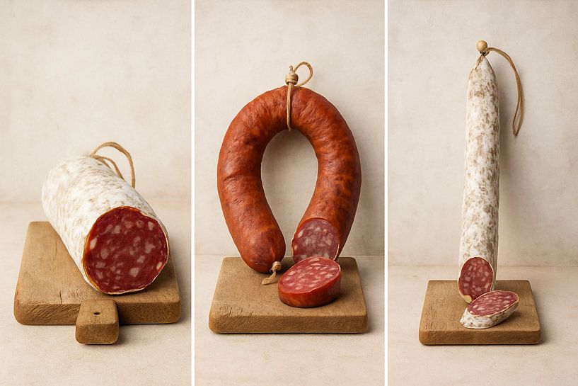 Handwerklich hergestellte Würste auf rustikalem Holz von Kleurenrijk