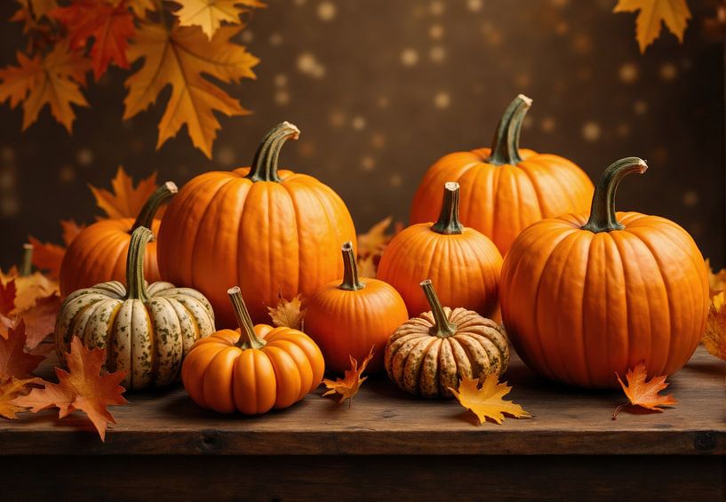 Pumpkins and Autumn Leaves on Wooden Surface by Markus Gann