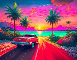 Zonsondergang op het strand met auto