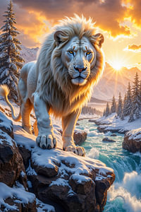 Fantasy Art Wandbild: FROSTKRONE - Ein mächtiger Löwe bei Sonnenuntergang im Winter