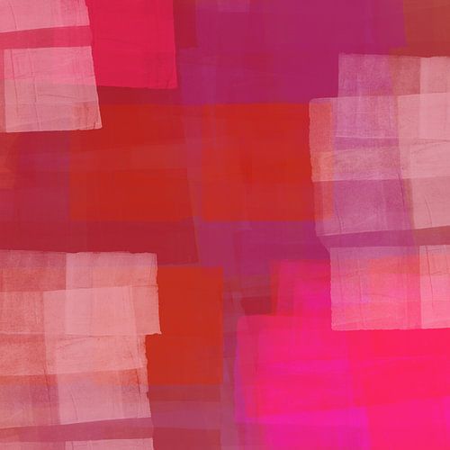 Abstract landschap. Kleurblokken in neonroze, terra, paars.