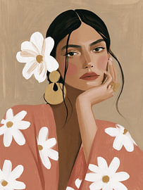 Woman with a white flower and a coral-coloured floral dress by Carla Van Iersel