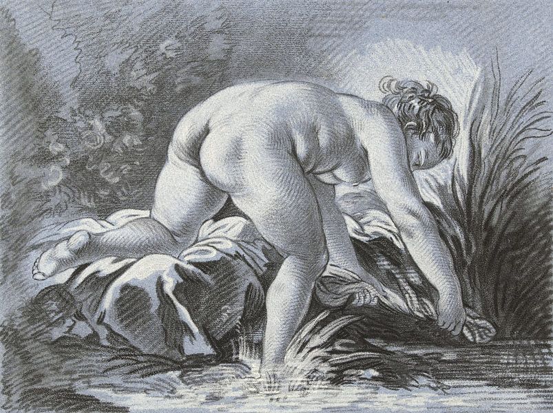 Gravure en bleu, Femme faisant la lessive nue, Louis-Marin Bonnet, 1768 - 1769 par Atelier Liesjes