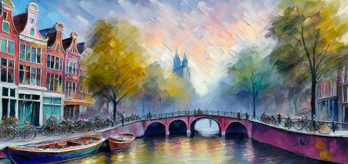 Amsterdam gracht, boten en huizen als aquarel