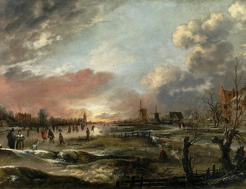 Winter Landscape with Skaters at Sunset, Aert van der Neer