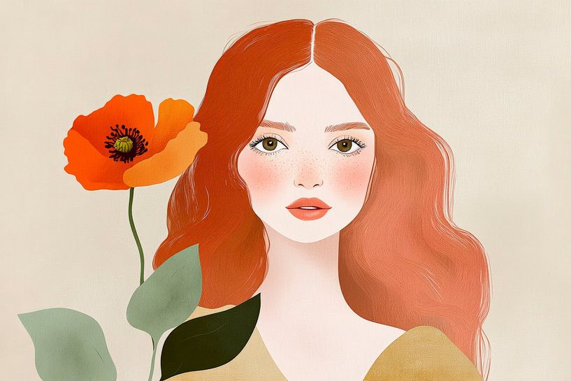 Woman with red hair and poppy flower by Poster Art Shop