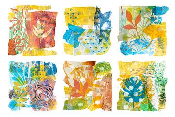 6 abstracte collages in een symmetrisch patroon van Lida Bruinen