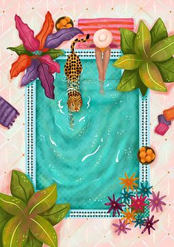 Leopard and woman in pool in Marrakesh, Morocco. by Aniet Illustration