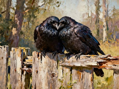 Two ravens on the fence