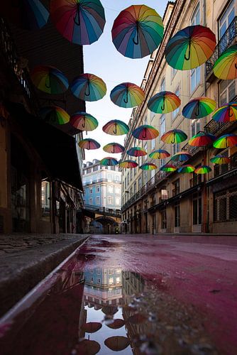 Rua Nova do Carvalho, feeststraat Lissabon, met paraplu's