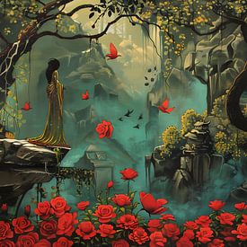 Woman in lush garden, roses and odeon, surrealism by Jan Bechtum