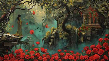 Woman in lush garden, roses and odeon, surrealism by Jan Bechtum