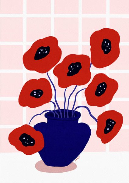 Illustration de coquelicots rouges dans un vase par Dirkie Nell