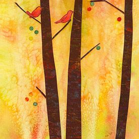 Birds in an autumn forest Paper collage by Karen Kaspar