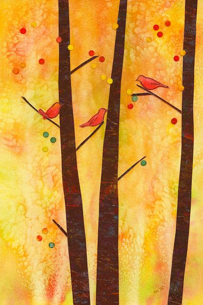 Oiseaux dans une forêt d'automne Collage de papier par Karen Kaspar