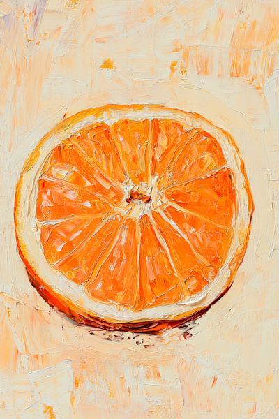 Orangenscheibe auf sanften Farben – Malerei von Poster Art Shop