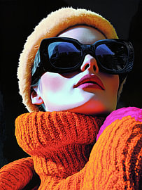 Velvet Beanie – Modernes Mode-Porträt mit ockergelber Mütze und Neon-Reflexen