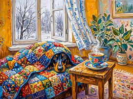 Gemütlicher Dackel, der auf einer Winterdecke aus Patchwork ruht von ArtMomente